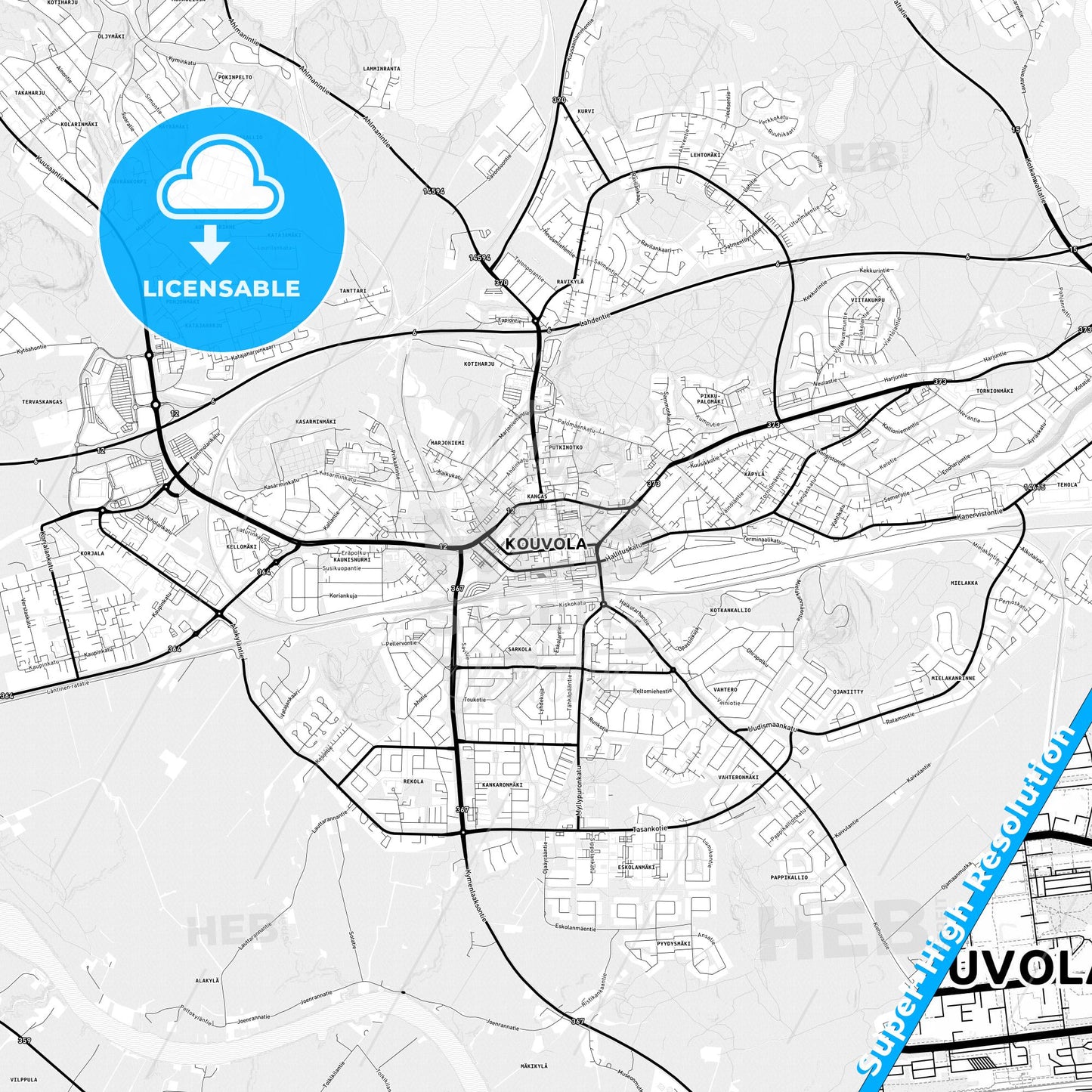 Kouvola, Finland Light Map with Street Names, City Names, and Districts