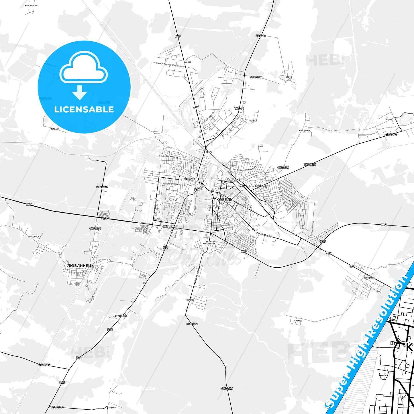 Kovel, Ukraine light map with streetnames, citynames and districts