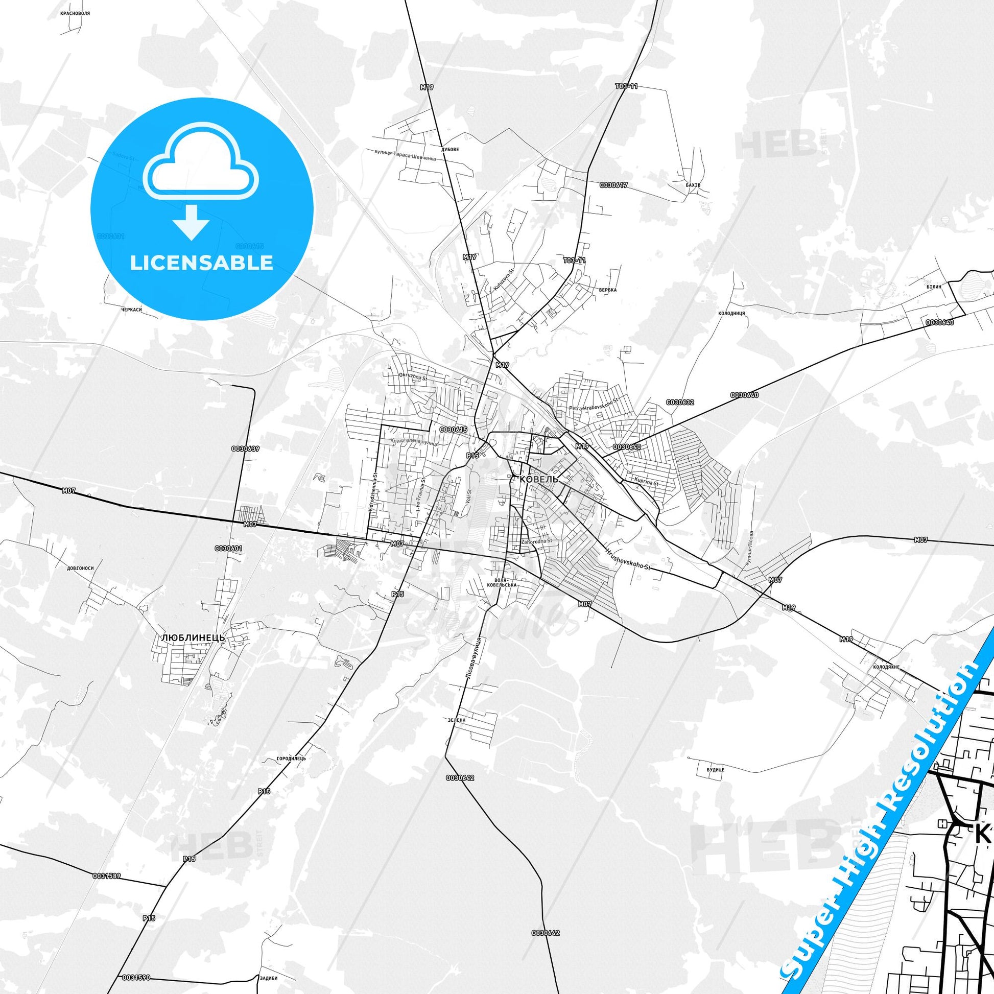 Kovel, Ukraine light map with streetnames, citynames and districts