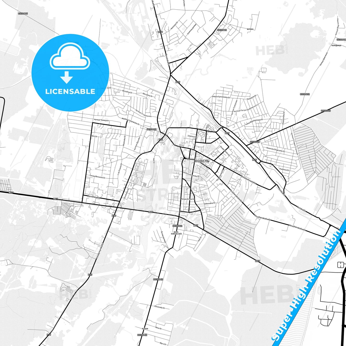 Kovel, Ukraine Light Map with Street Names, City Names, and Districts