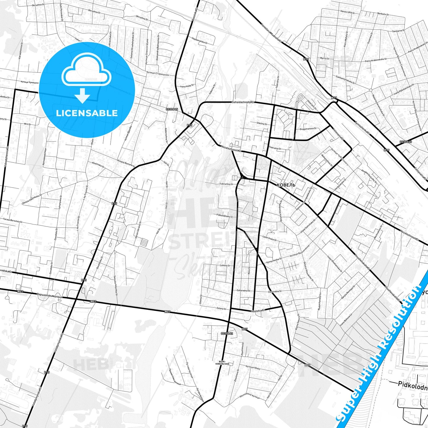 Kovel, Ukraine Light Map with Street Names, City Names, and Districts