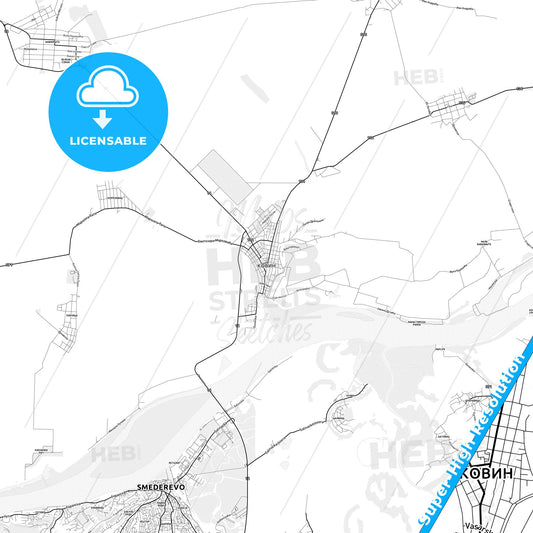Kovin, Serbia light map with streetnames, citynames and districts