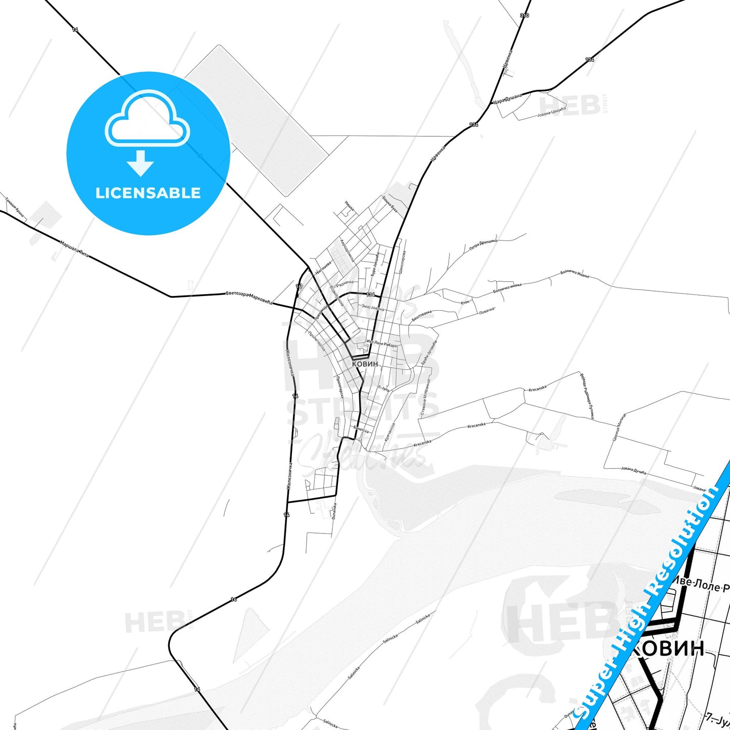 Kovin, Serbia Light Map with Street Names, City Names, and Districts