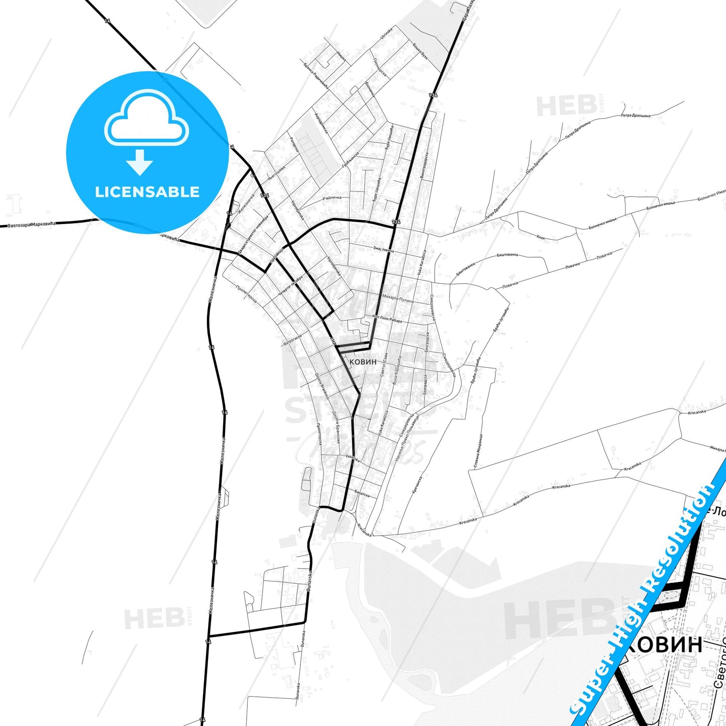 Kovin, Serbia Light Map with Street Names, City Names, and Districts