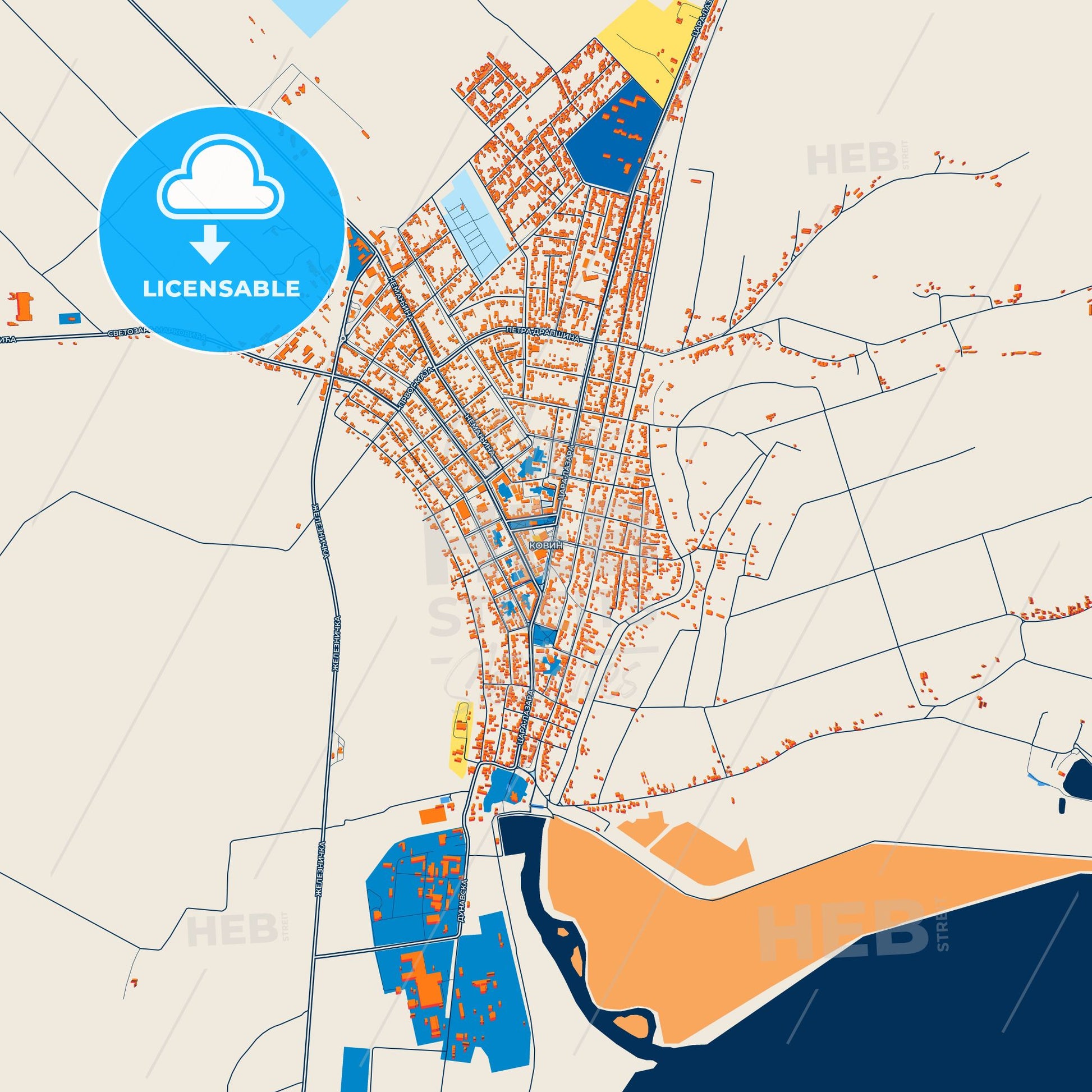 Colorful Kovin Street Map with Labels and Buildings