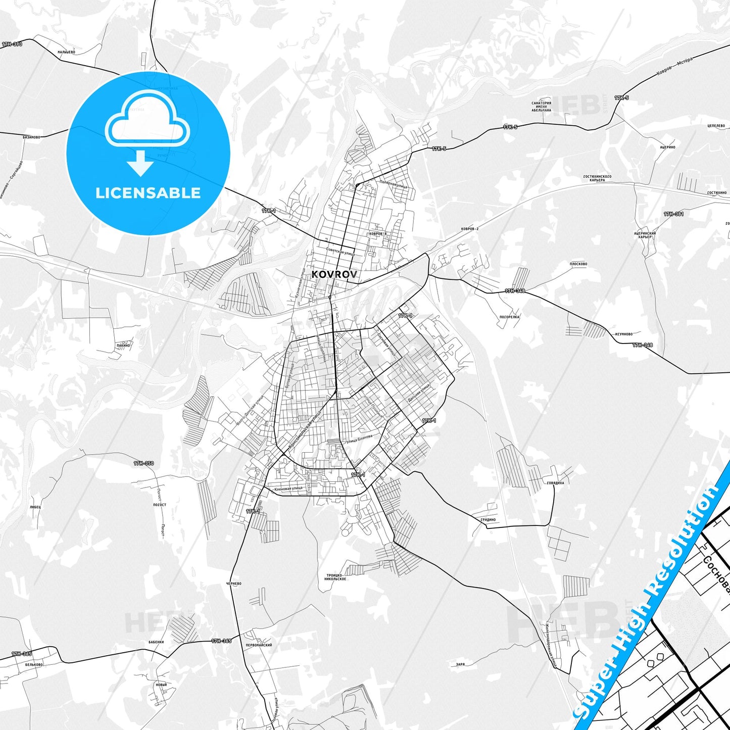 Kovrov, Russia light map with streetnames, citynames and districts