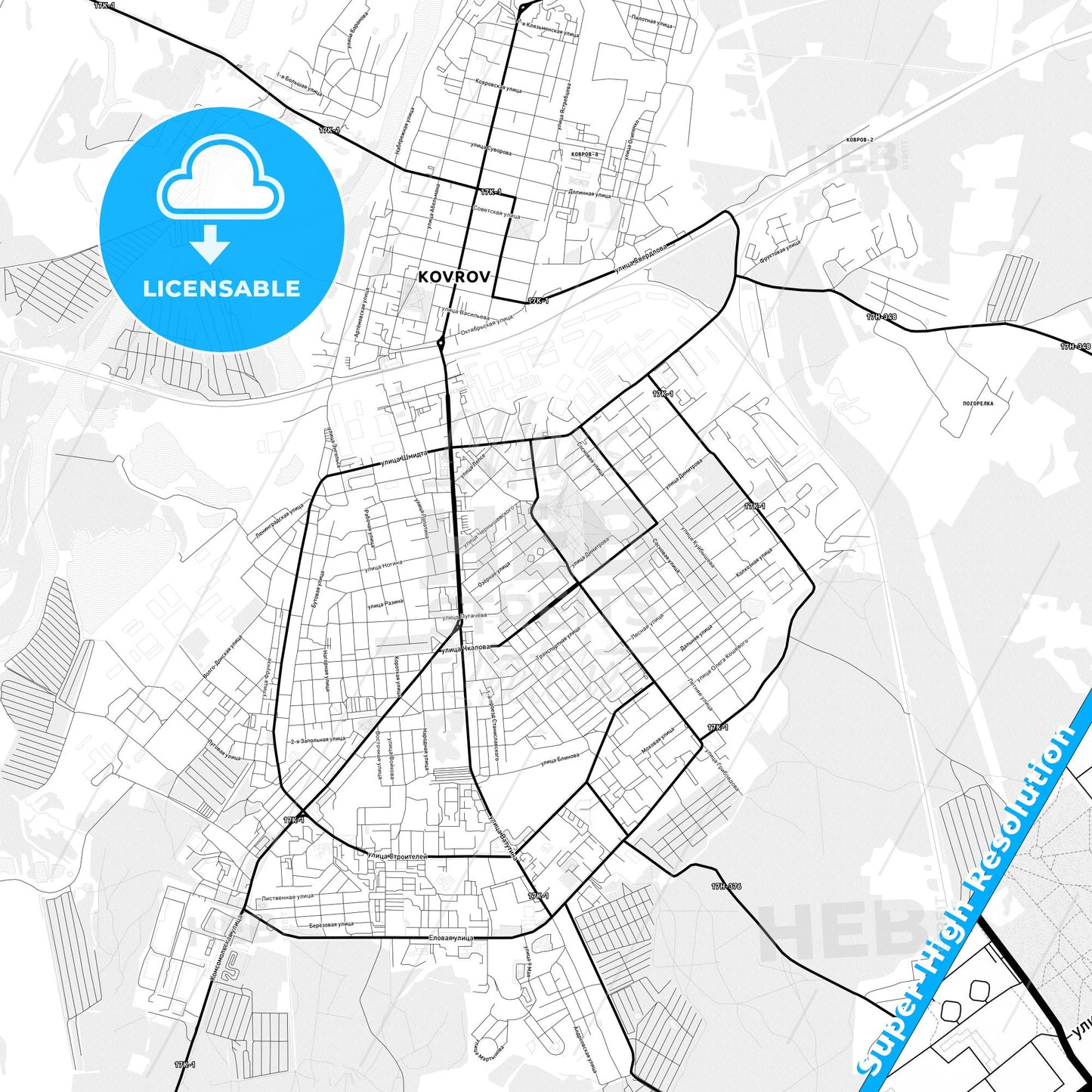 Kovrov, Russia Light Map with Street Names, City Names, and Districts