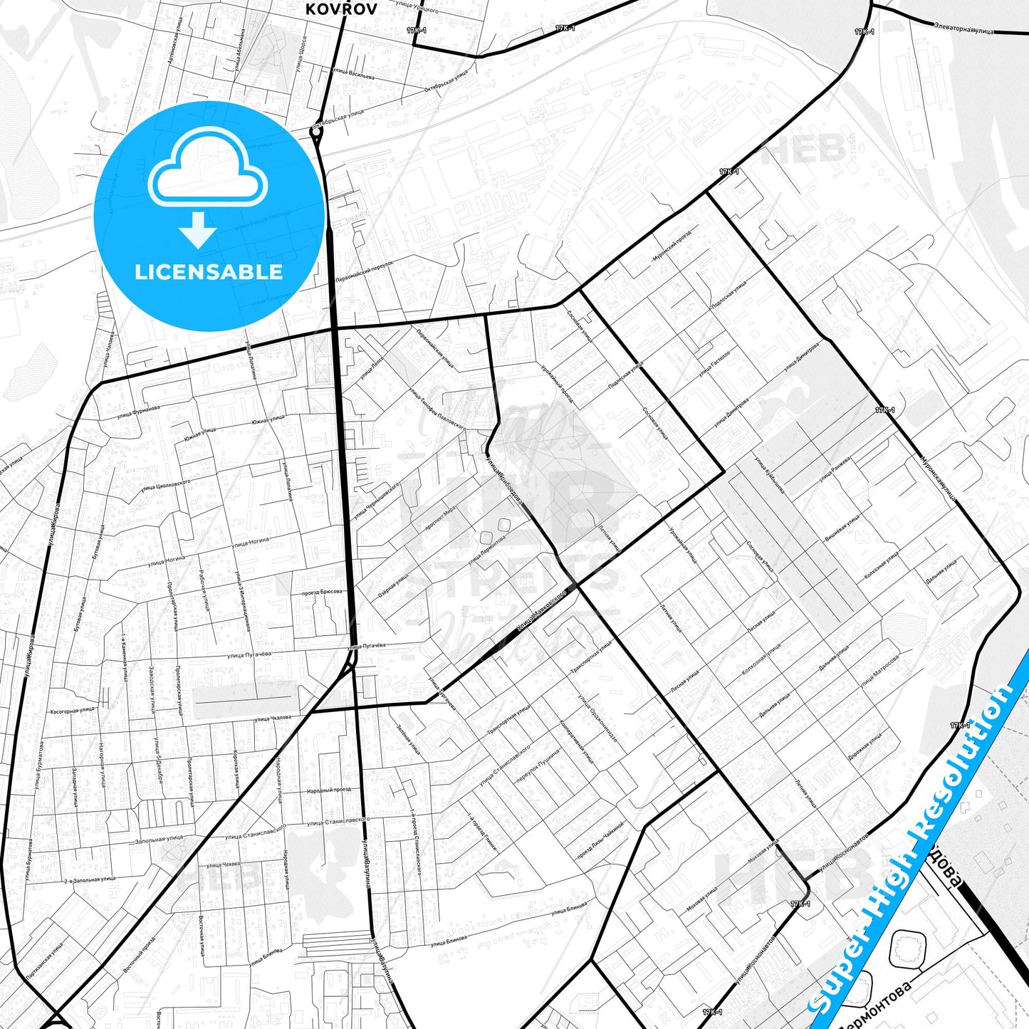 Kovrov, Russia Light Map with Street Names, City Names, and Districts