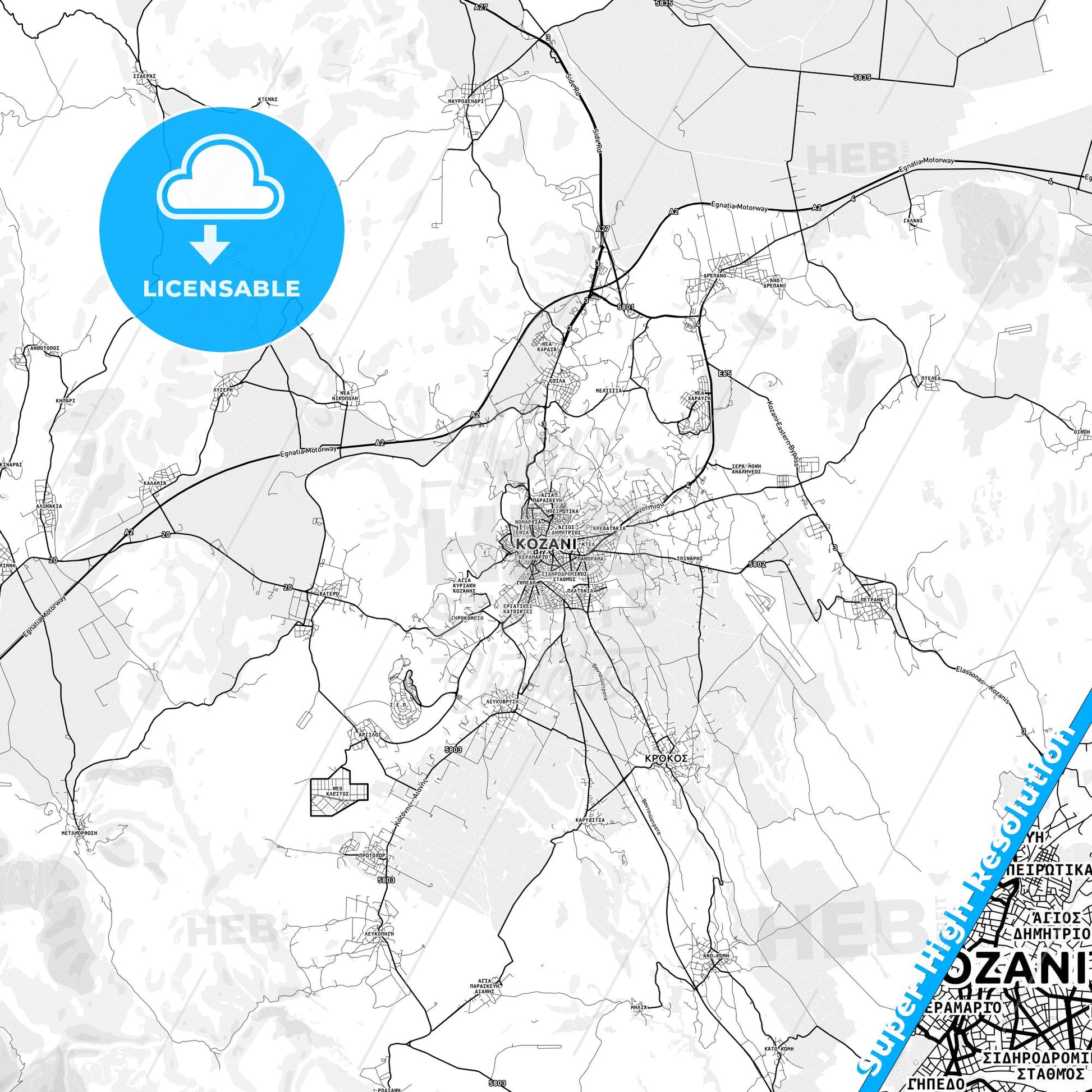 Kozani, Greece light map with streetnames, citynames and districts
