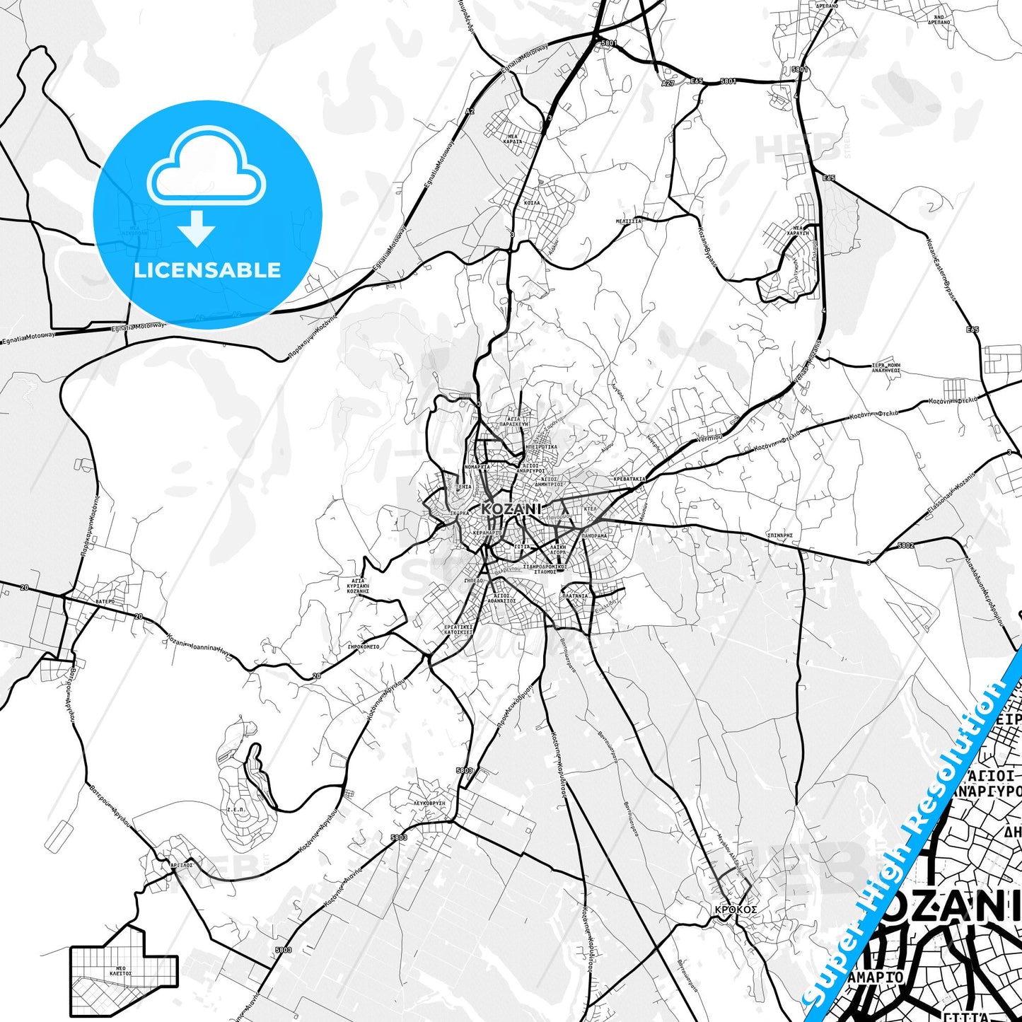 Kozani, Greece Light Map with Street Names, City Names, and Districts