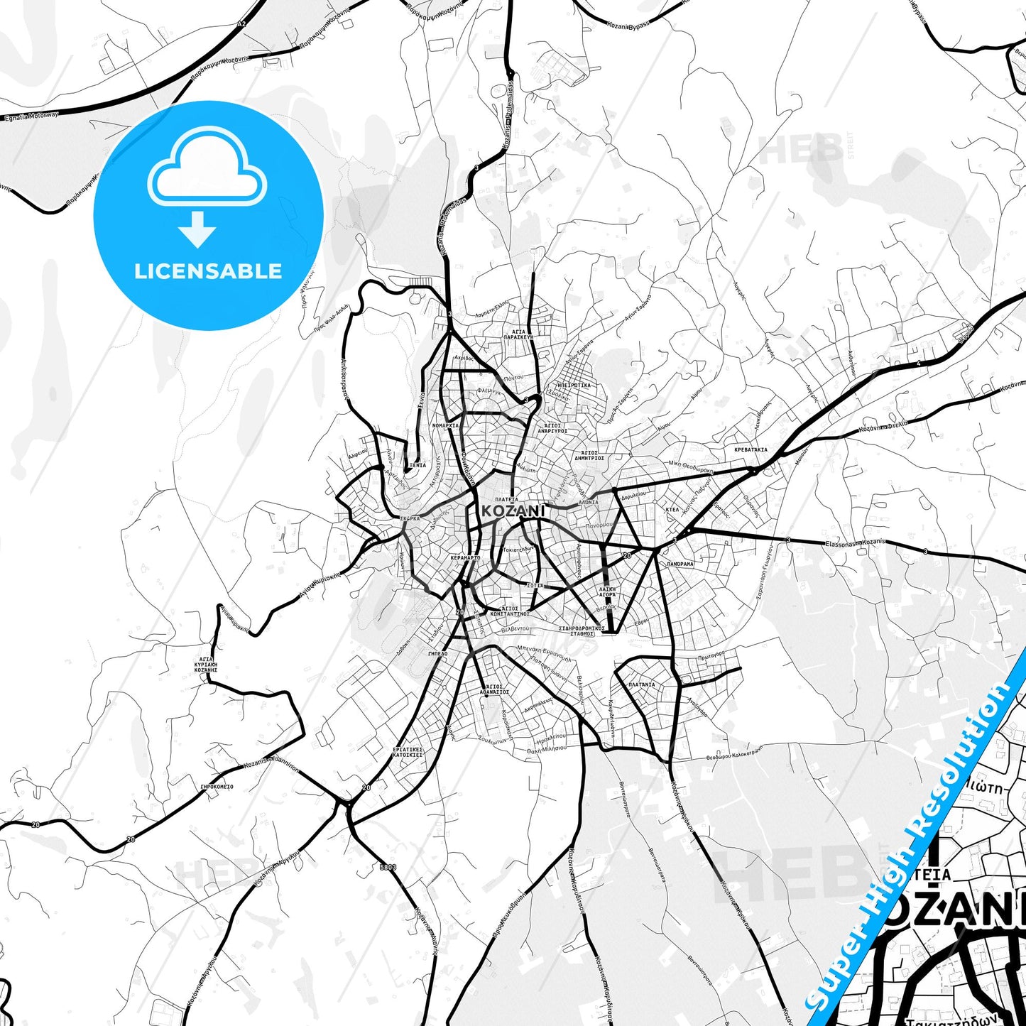 Kozani, Greece Light Map with Street Names, City Names, and Districts