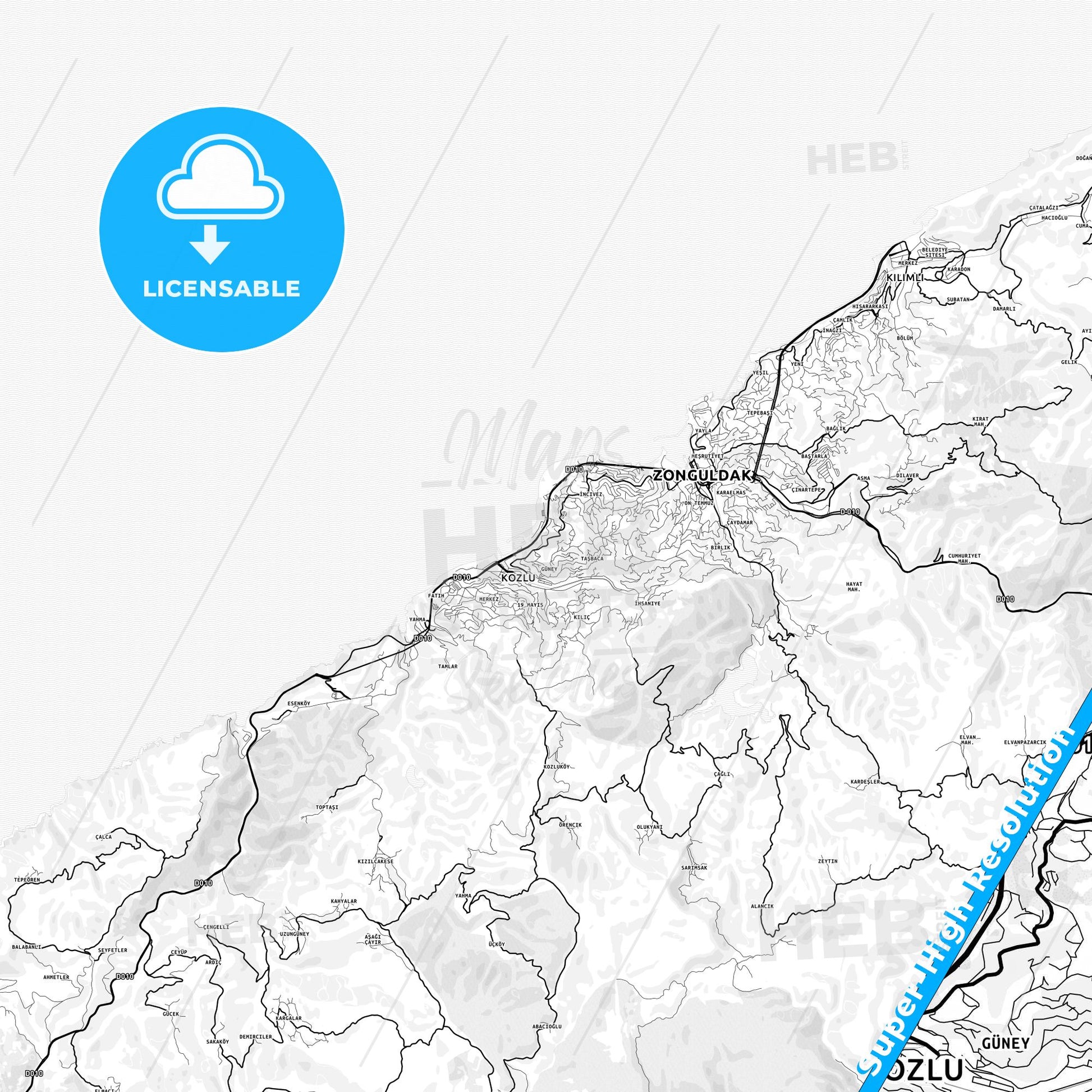 Kozlu, Turkey light map with streetnames, citynames and districts