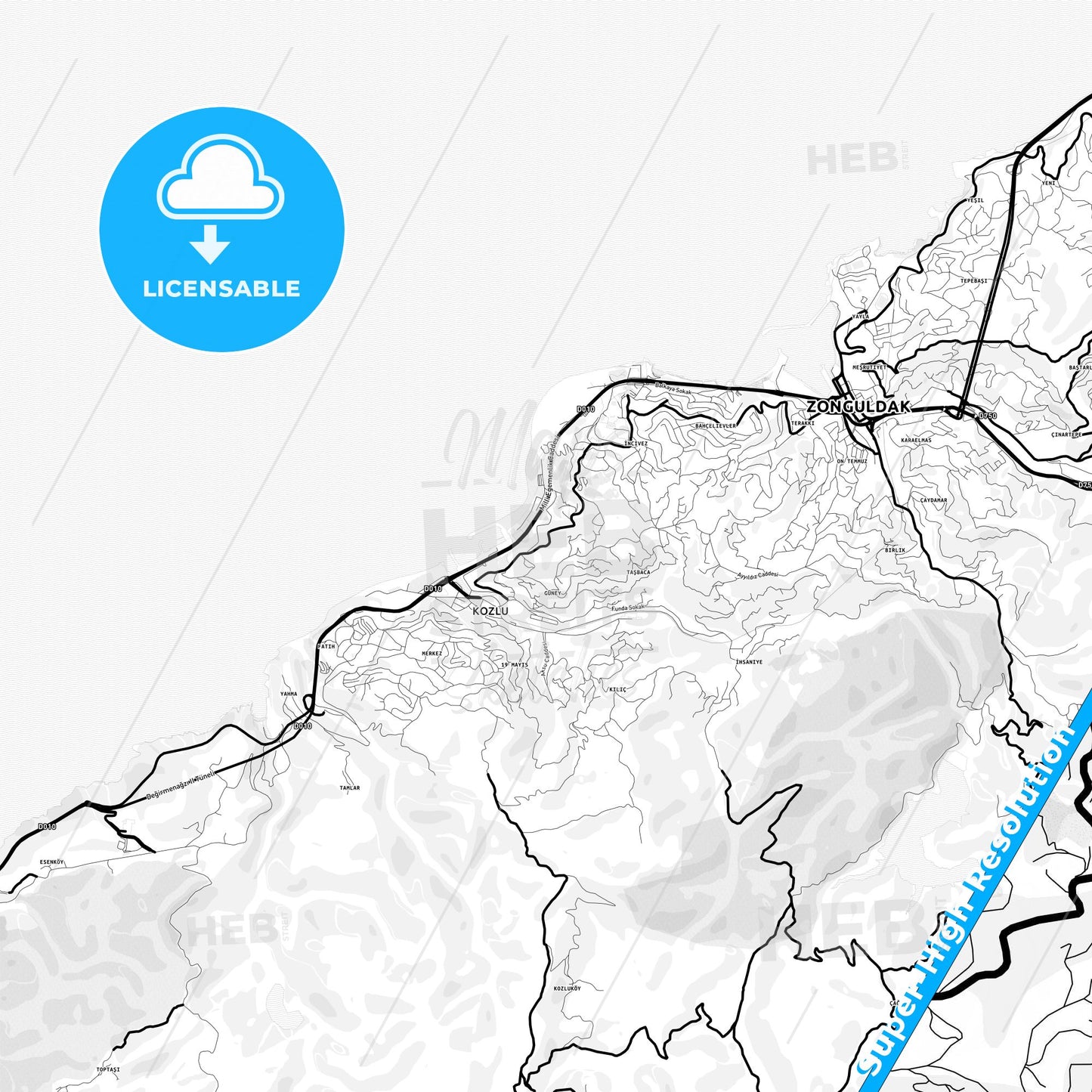 Kozlu, Turkey Light Map with Street Names, City Names, and Districts