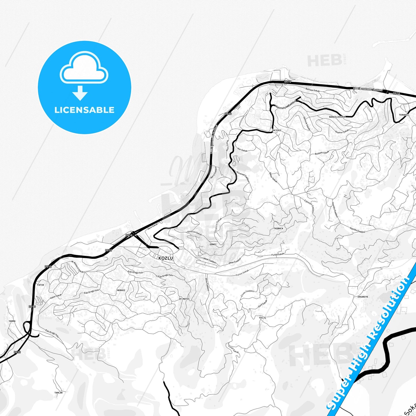 Kozlu, Turkey Light Map with Street Names, City Names, and Districts