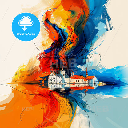 Vibrant Kópavogur, Iceland - A Painting Of A Building On A Lake