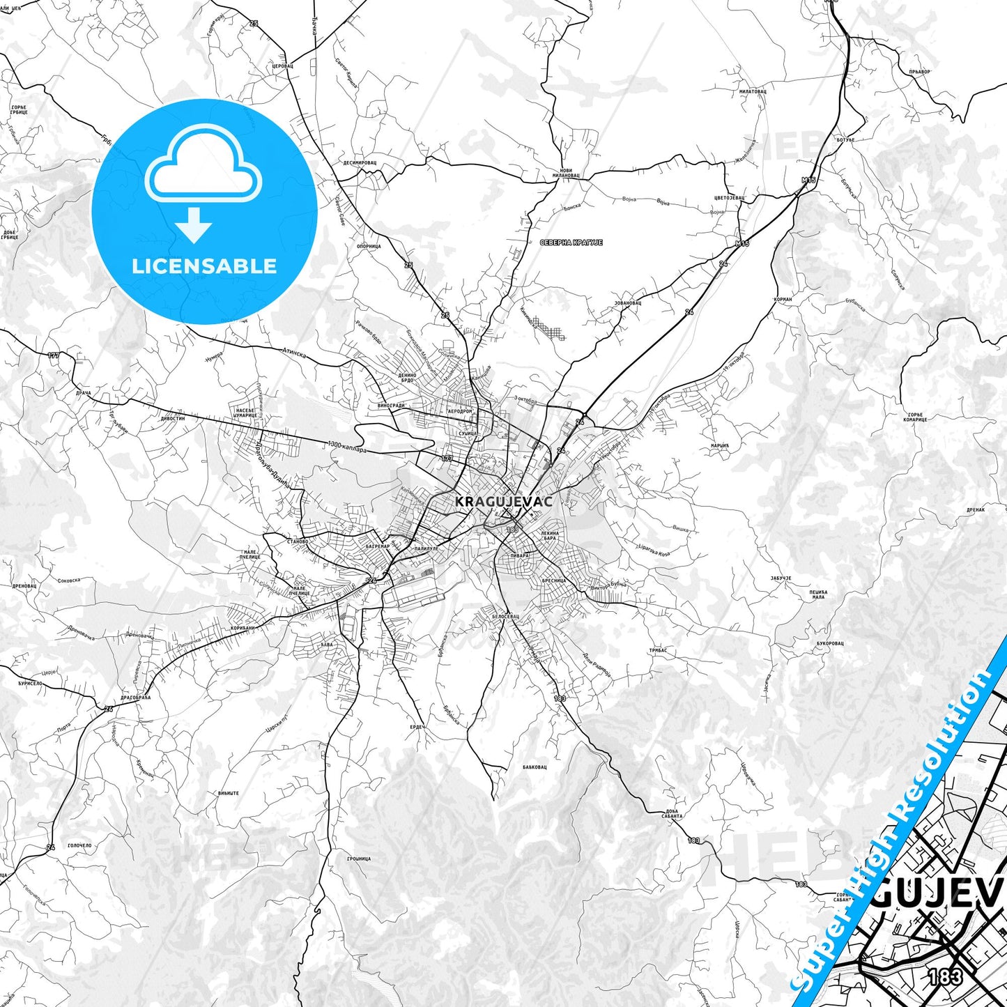 Kragujevac, Serbia light map with streetnames, citynames and districts