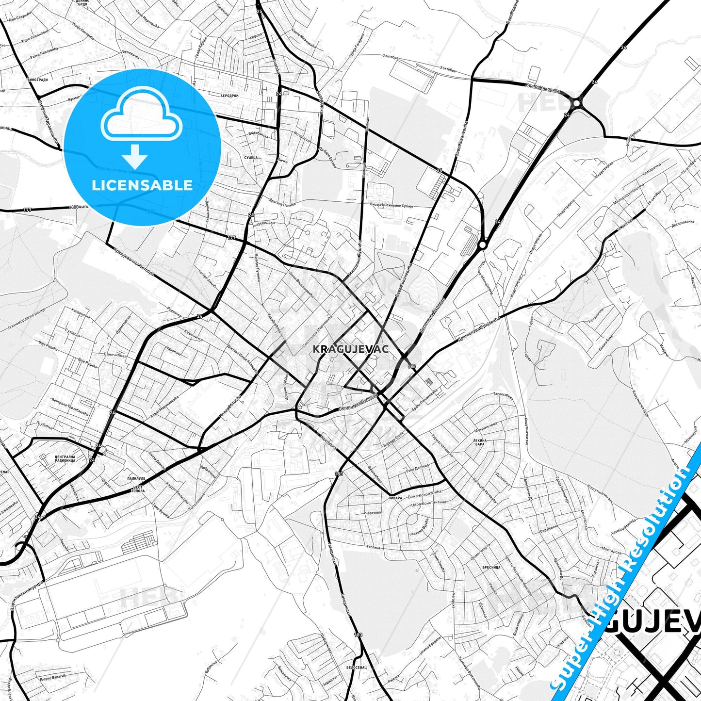 Kragujevac, Serbia Light Map with Street Names, City Names, and Districts