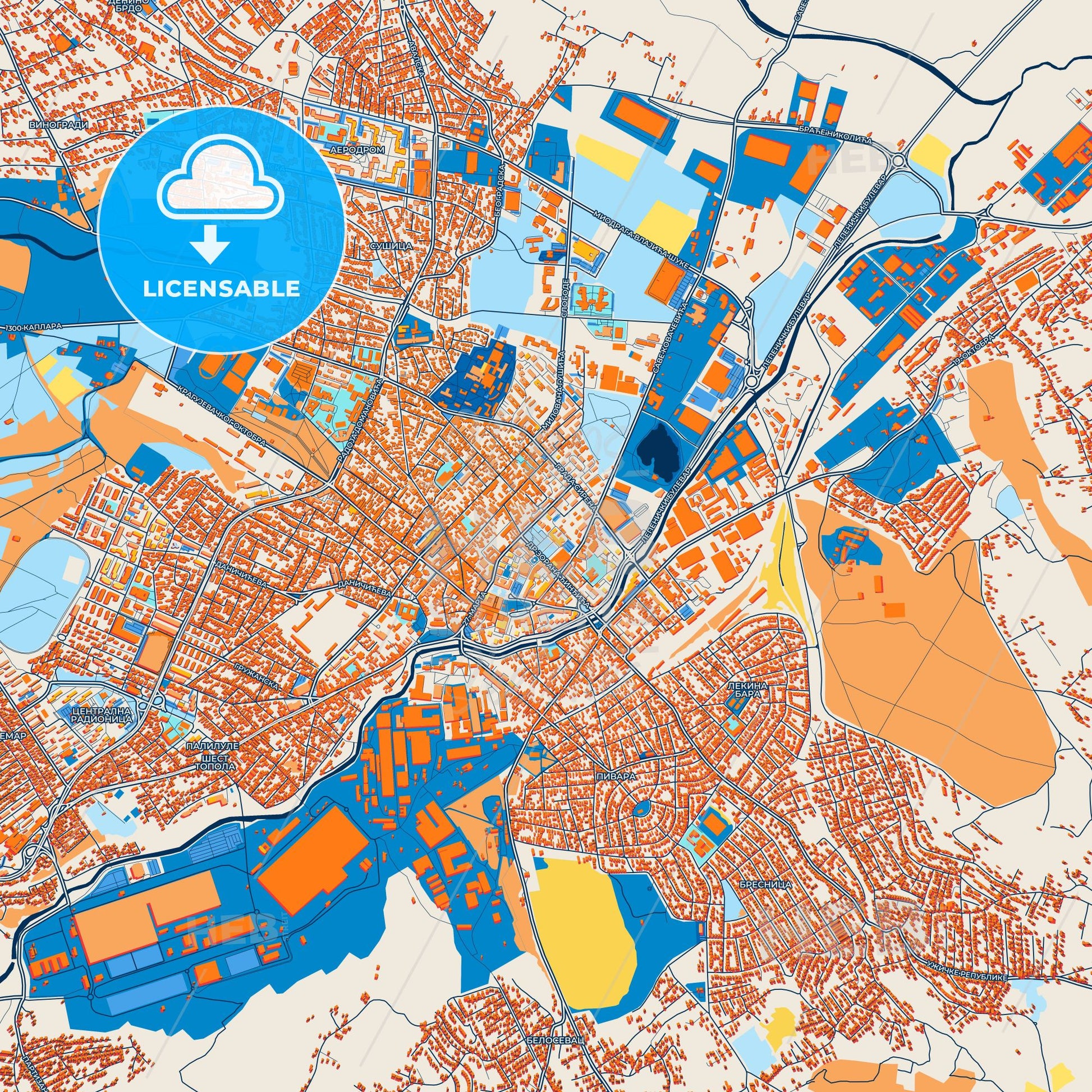 Colorful Kragujevac Street Map with Labels and Buildings