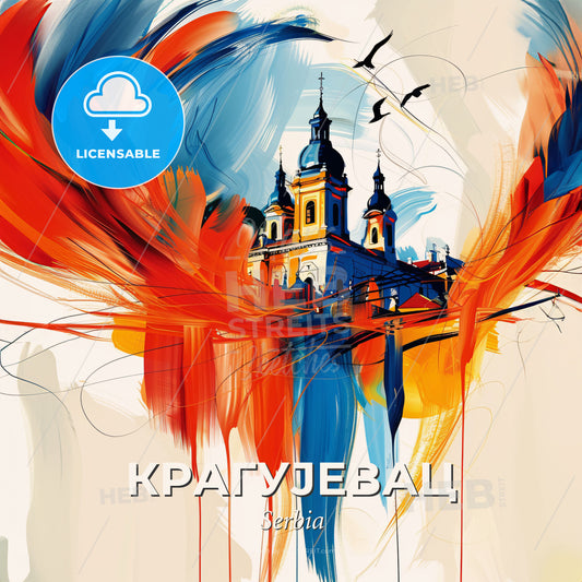 Vibrant Крагујевац, Serbia - A Painting Of A Building With A Bird Flying - Square format print template