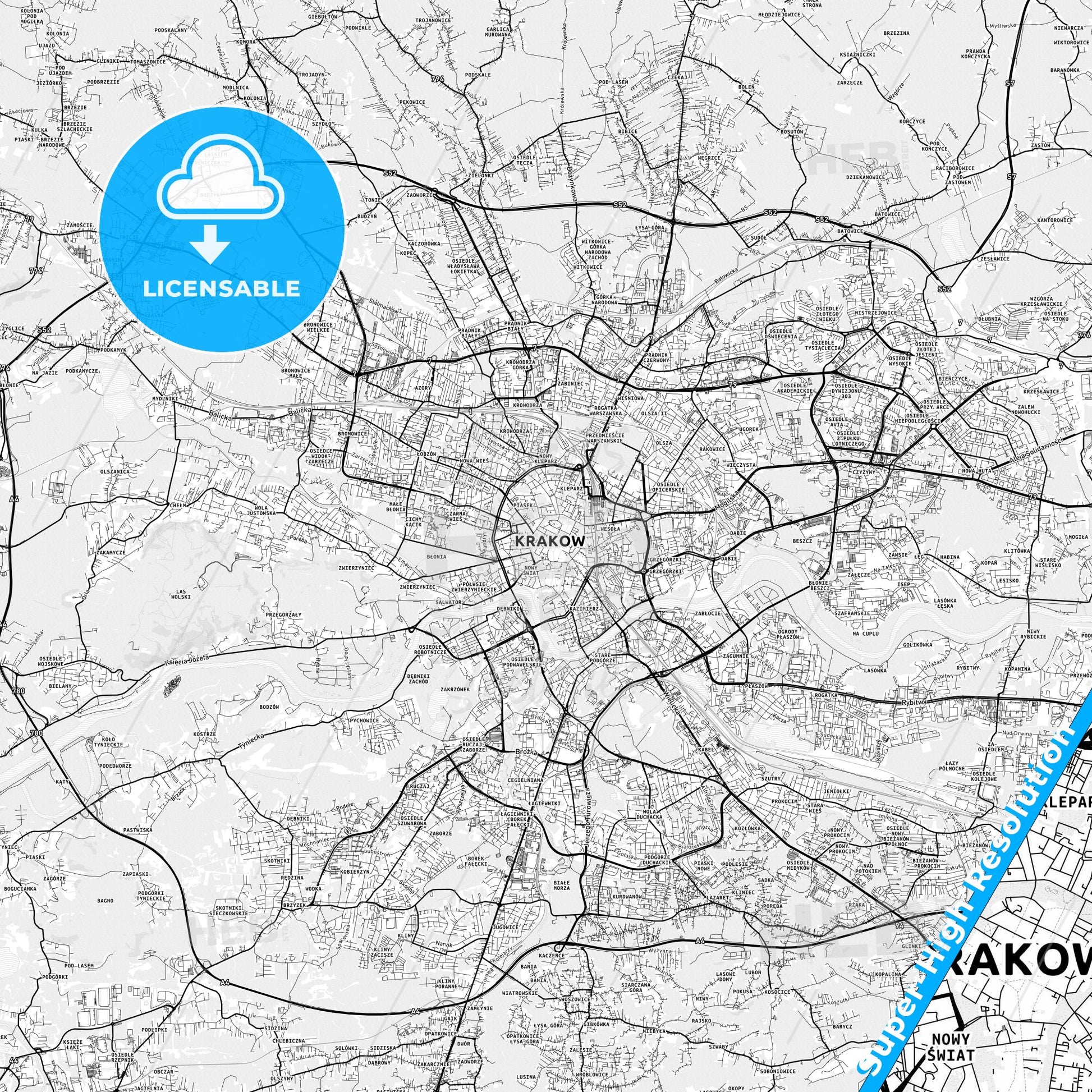 Kraków, Poland light map with streetnames, citynames and districts