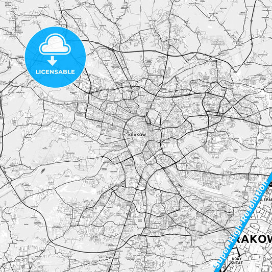 Kraków, Poland light map with streetnames, citynames and districts