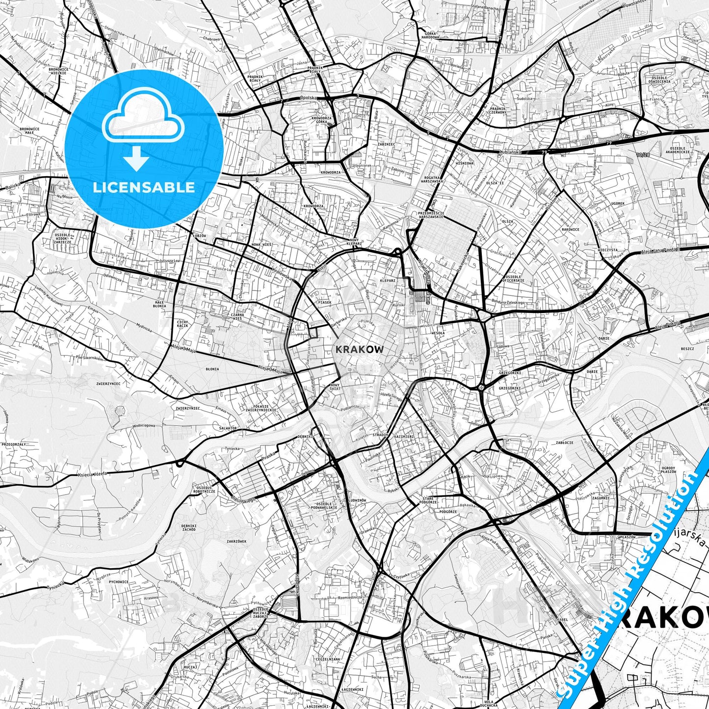 Kraków, Poland Light Map with Street Names, City Names, and Districts