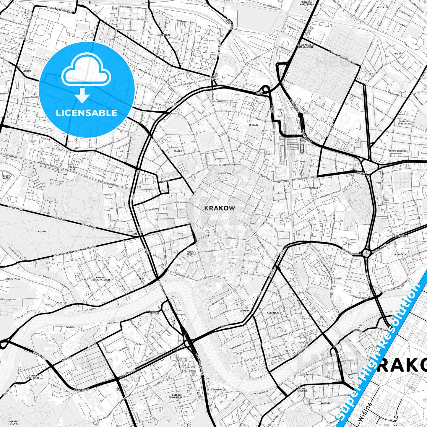 Kraków, Poland Light Map with Street Names, City Names, and Districts