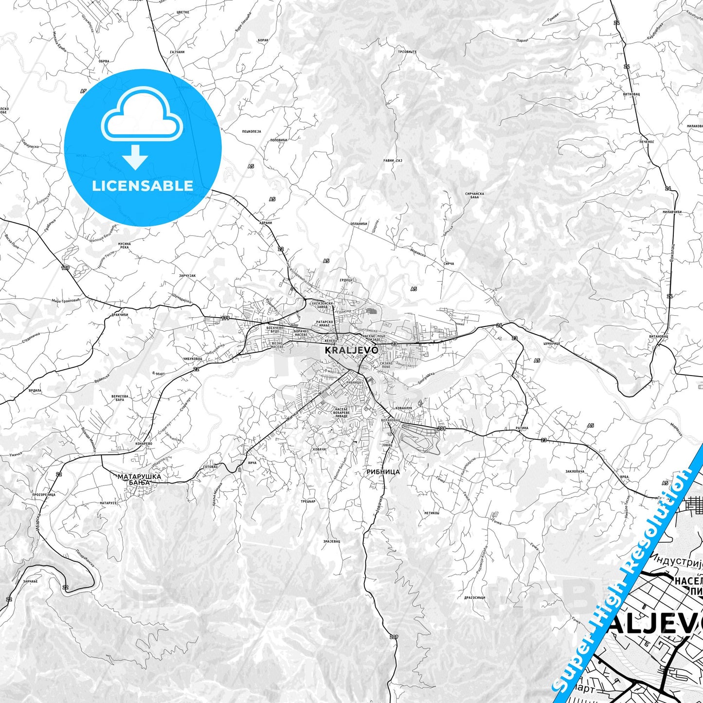 Kraljevo, Serbia light map with streetnames, citynames and districts