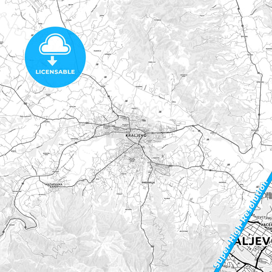 Kraljevo, Serbia light map with streetnames, citynames and districts