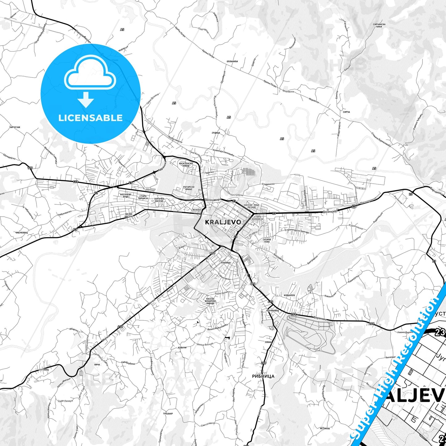 Kraljevo, Serbia Light Map with Street Names, City Names, and Districts
