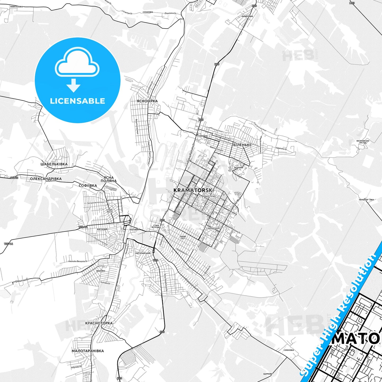 Kramatorsk, Ukraine light map with streetnames, citynames and districts
