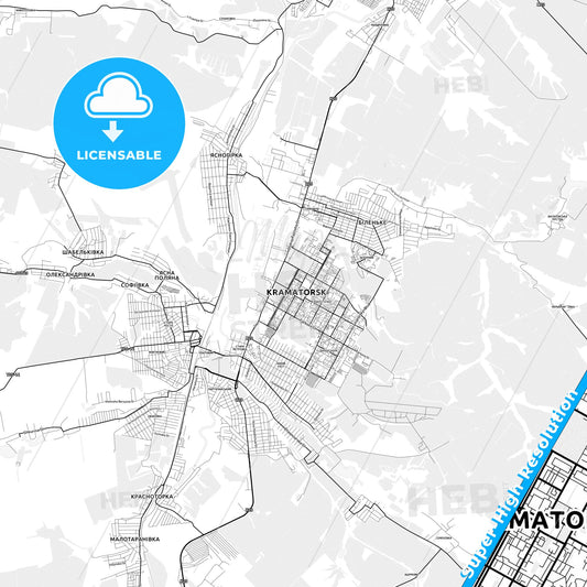 Kramatorsk, Ukraine light map with streetnames, citynames and districts
