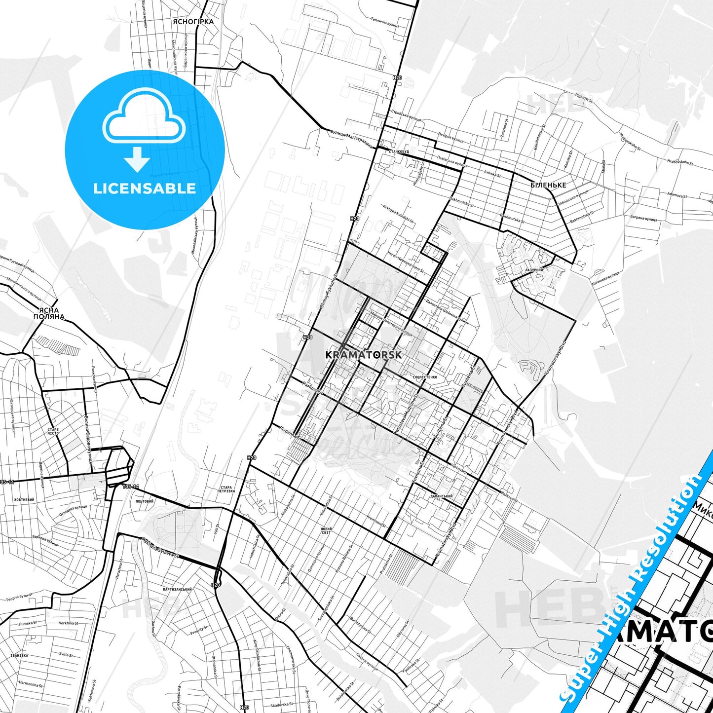 Kramatorsk, Ukraine Light Map with Street Names, City Names, and Districts