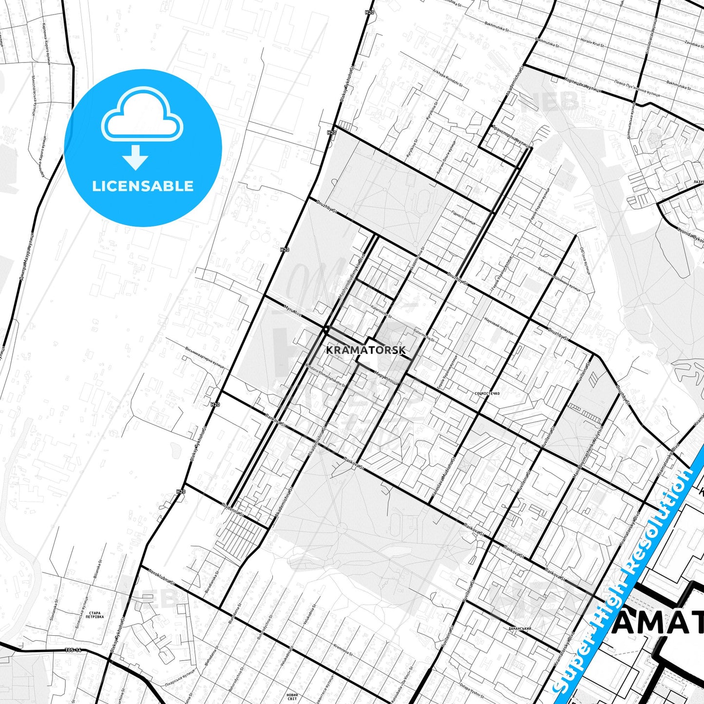 Kramatorsk, Ukraine Light Map with Street Names, City Names, and Districts