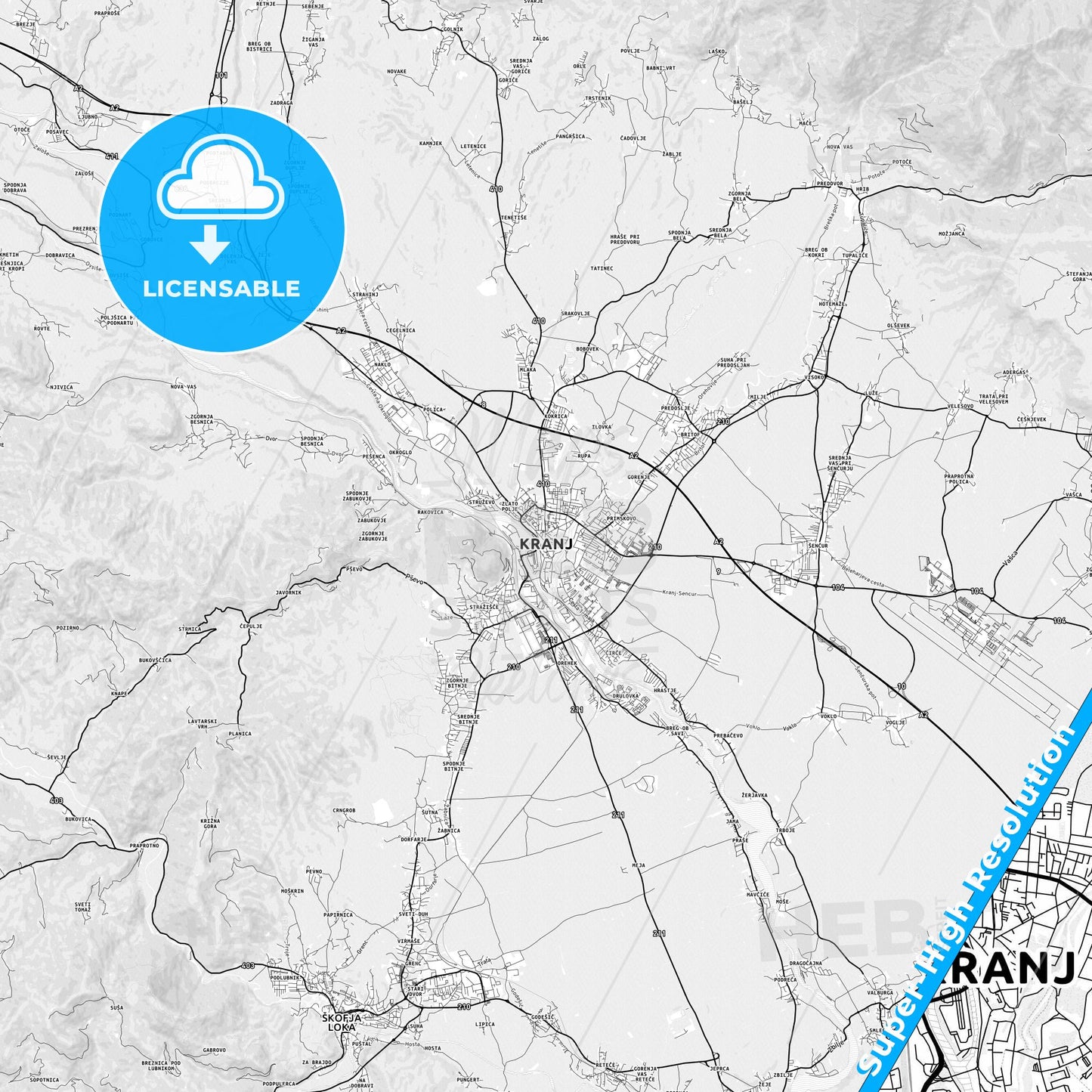 Kranj, Slovenia light map with streetnames, citynames and districts
