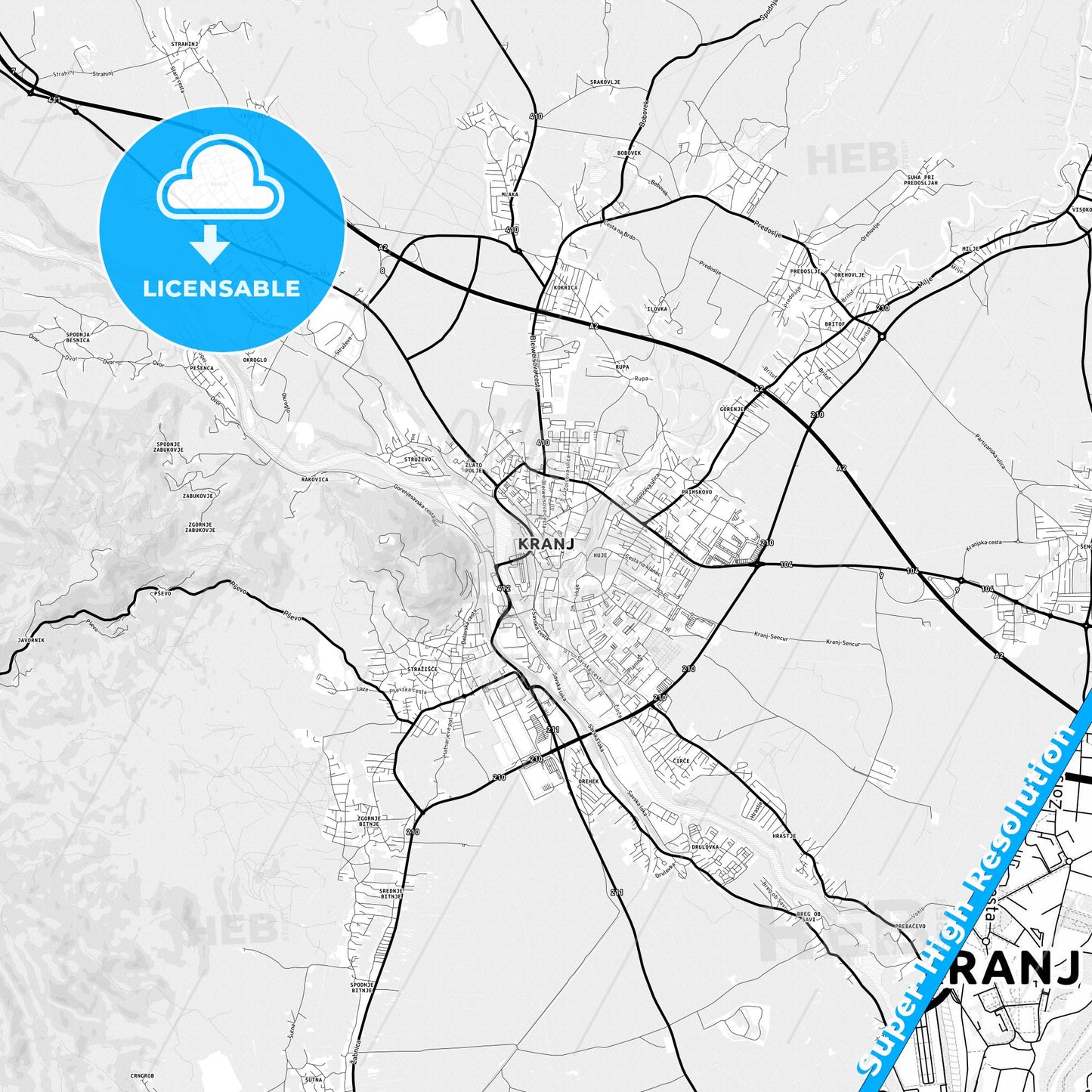 Kranj, Slovenia Light Map with Street Names, City Names, and Districts