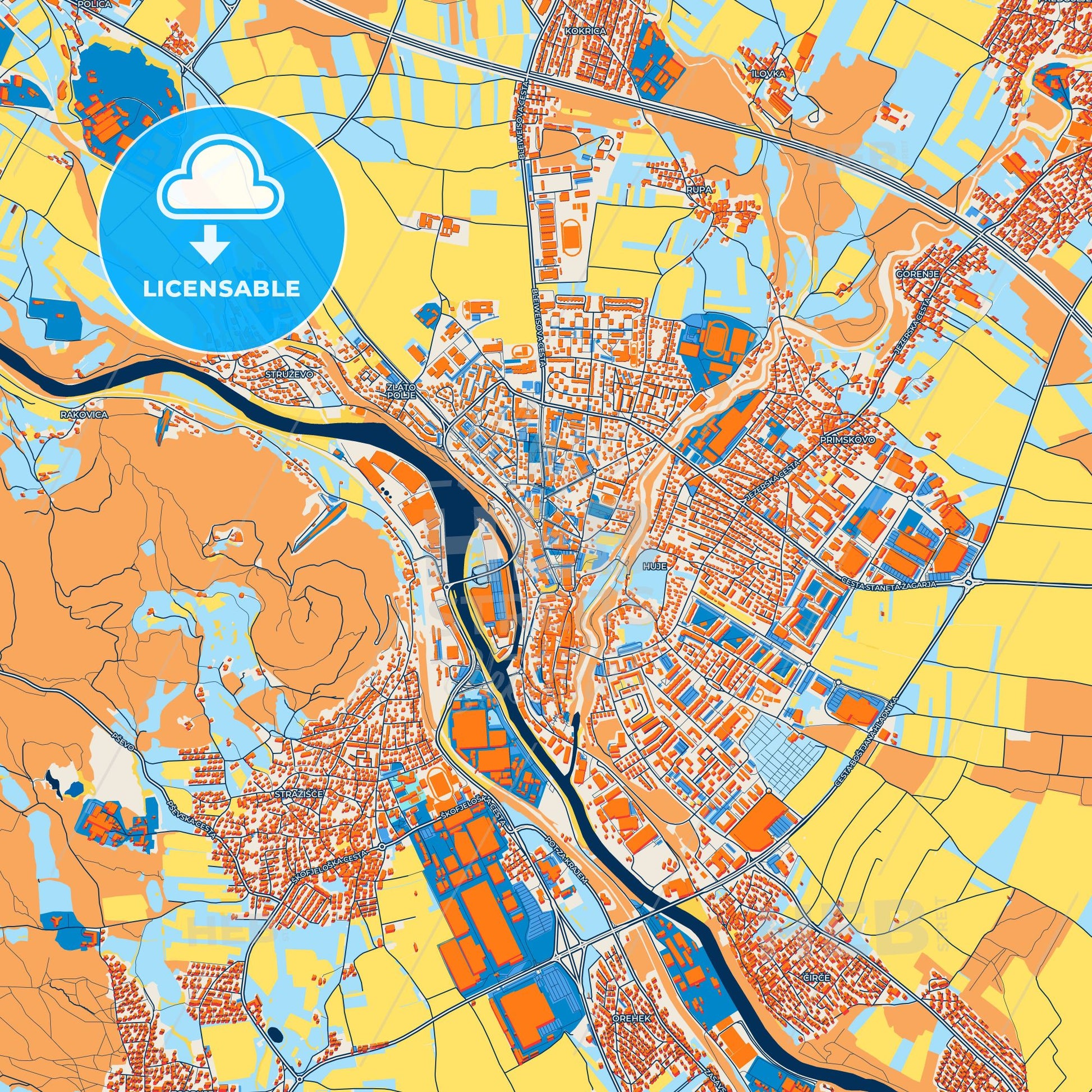 Colorful Kranj Street Map with Labels and Buildings