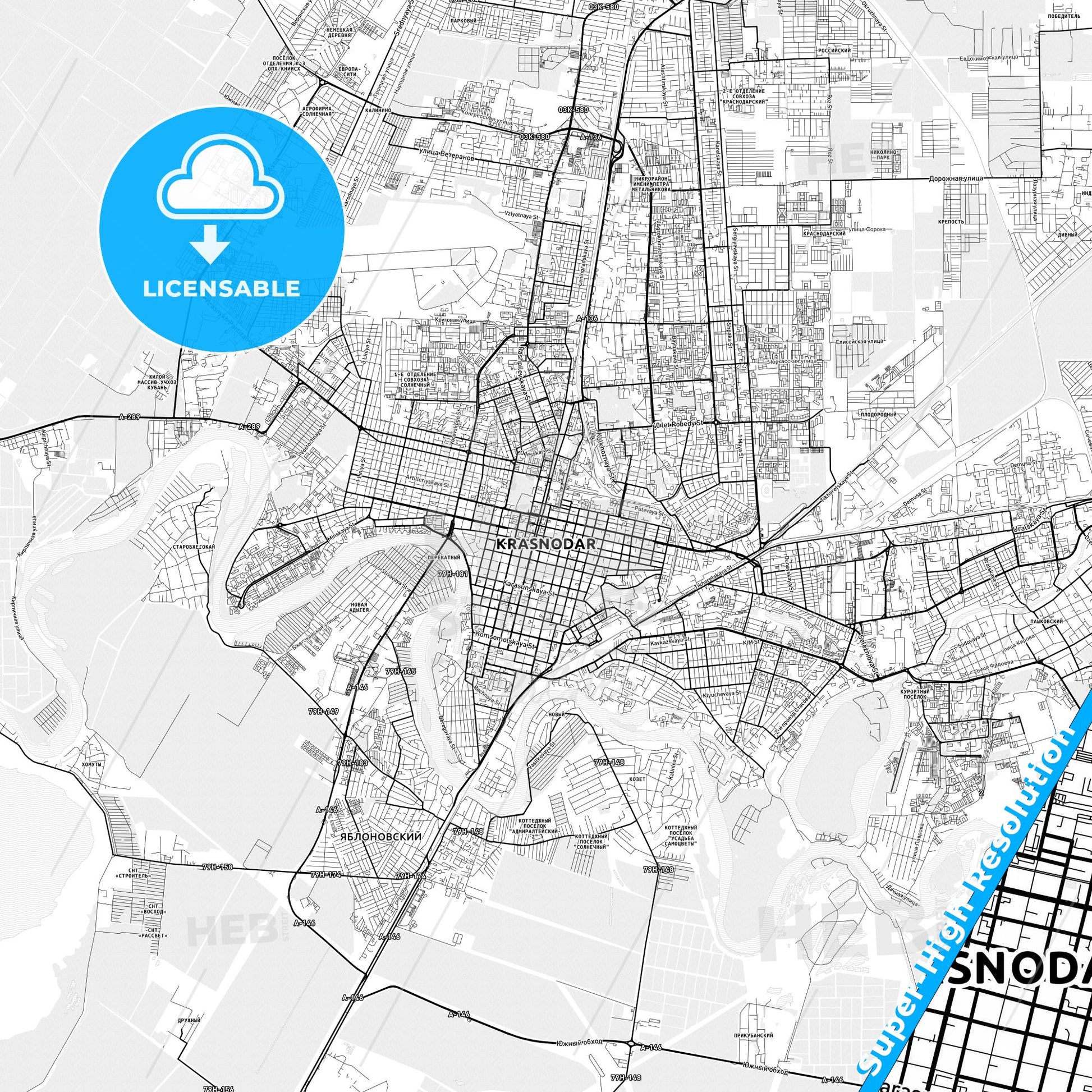 Krasnodar, Russia light map with streetnames, citynames and districts