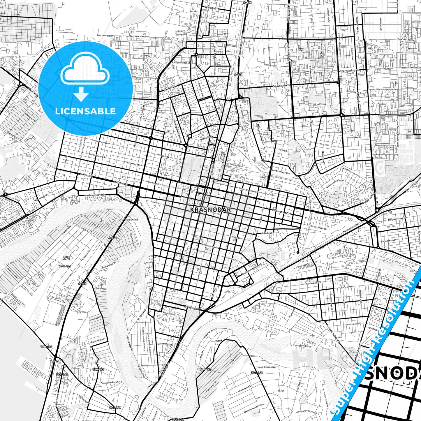 Krasnodar, Russia Light Map with Street Names, City Names, and Districts