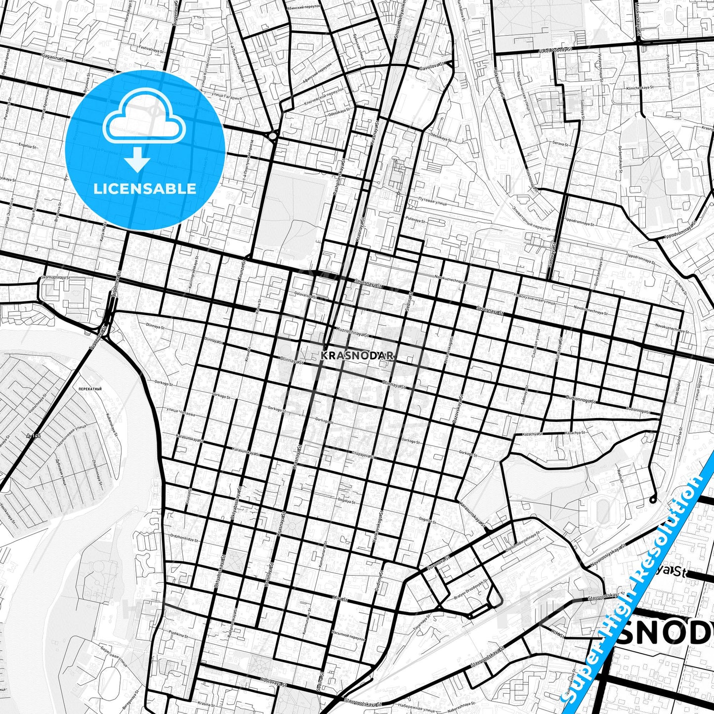 Krasnodar, Russia Light Map with Street Names, City Names, and Districts