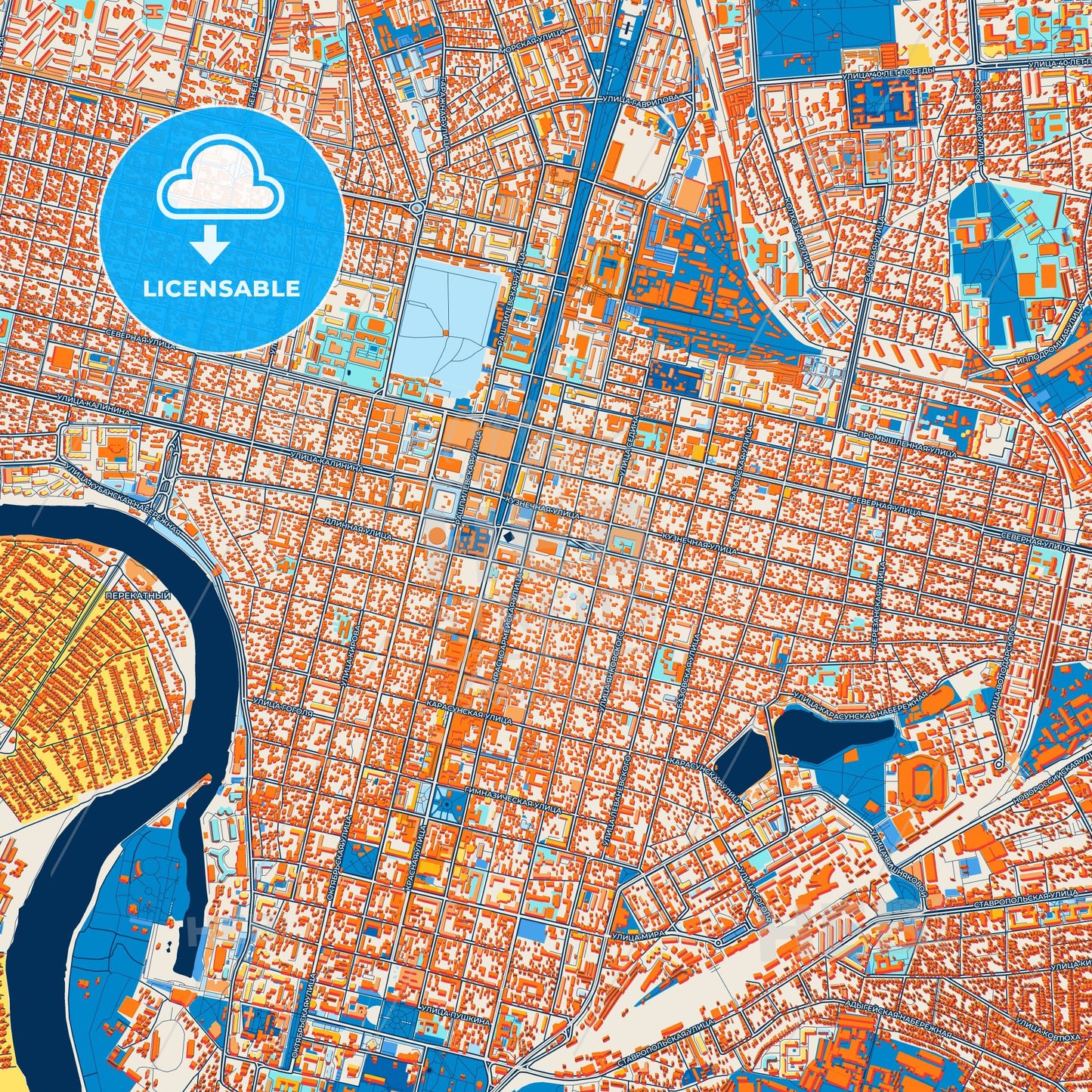 Colorful Krasnodar Street Map with Labels and Buildings