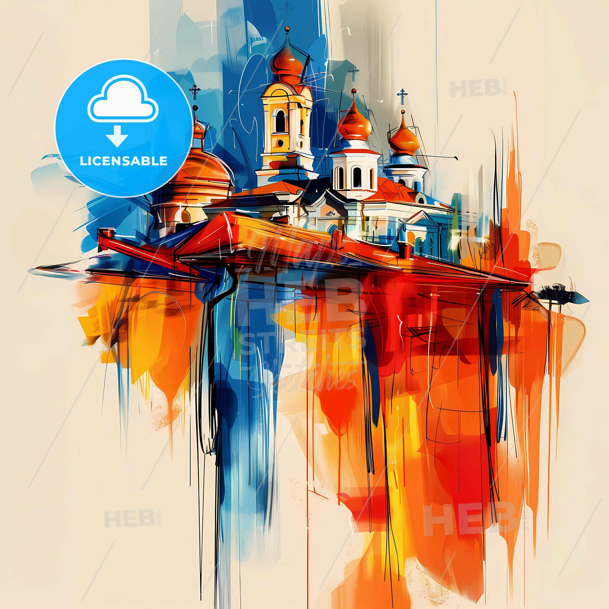 Vibrant Краснодар, Russia - A Painting Of A Building With Domes And A Red And Blue Wall