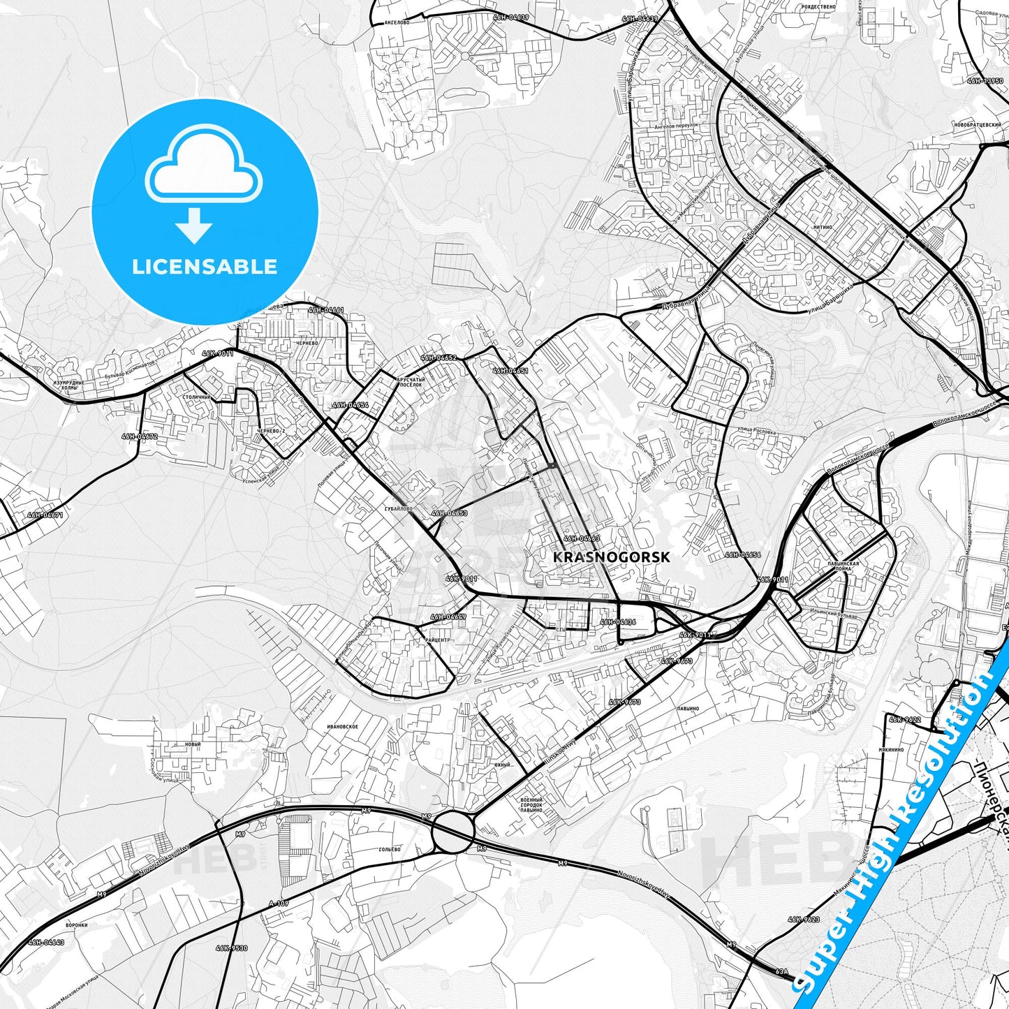 Krasnogorsk, Russia Light Map with Street Names, City Names, and Districts