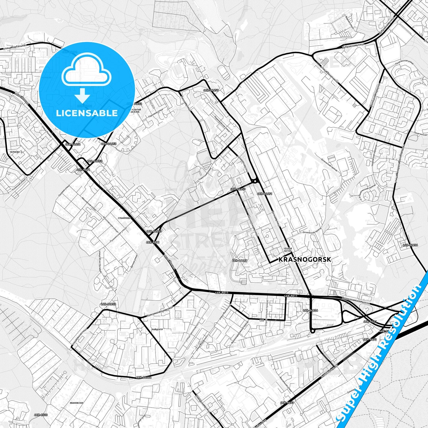 Krasnogorsk, Russia Light Map with Street Names, City Names, and Districts