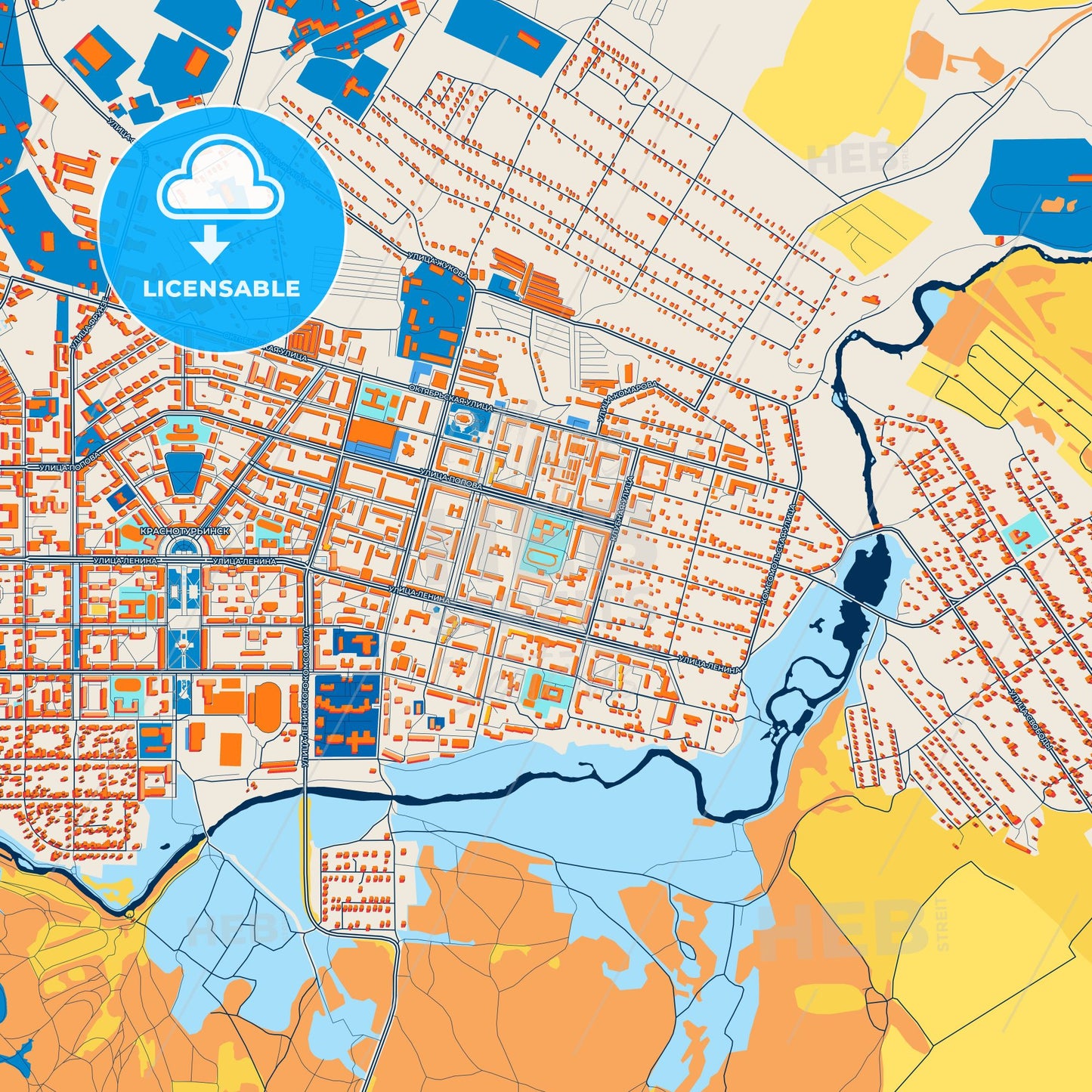 Colorful Krasnoturyinsk Street Map with Labels and Buildings