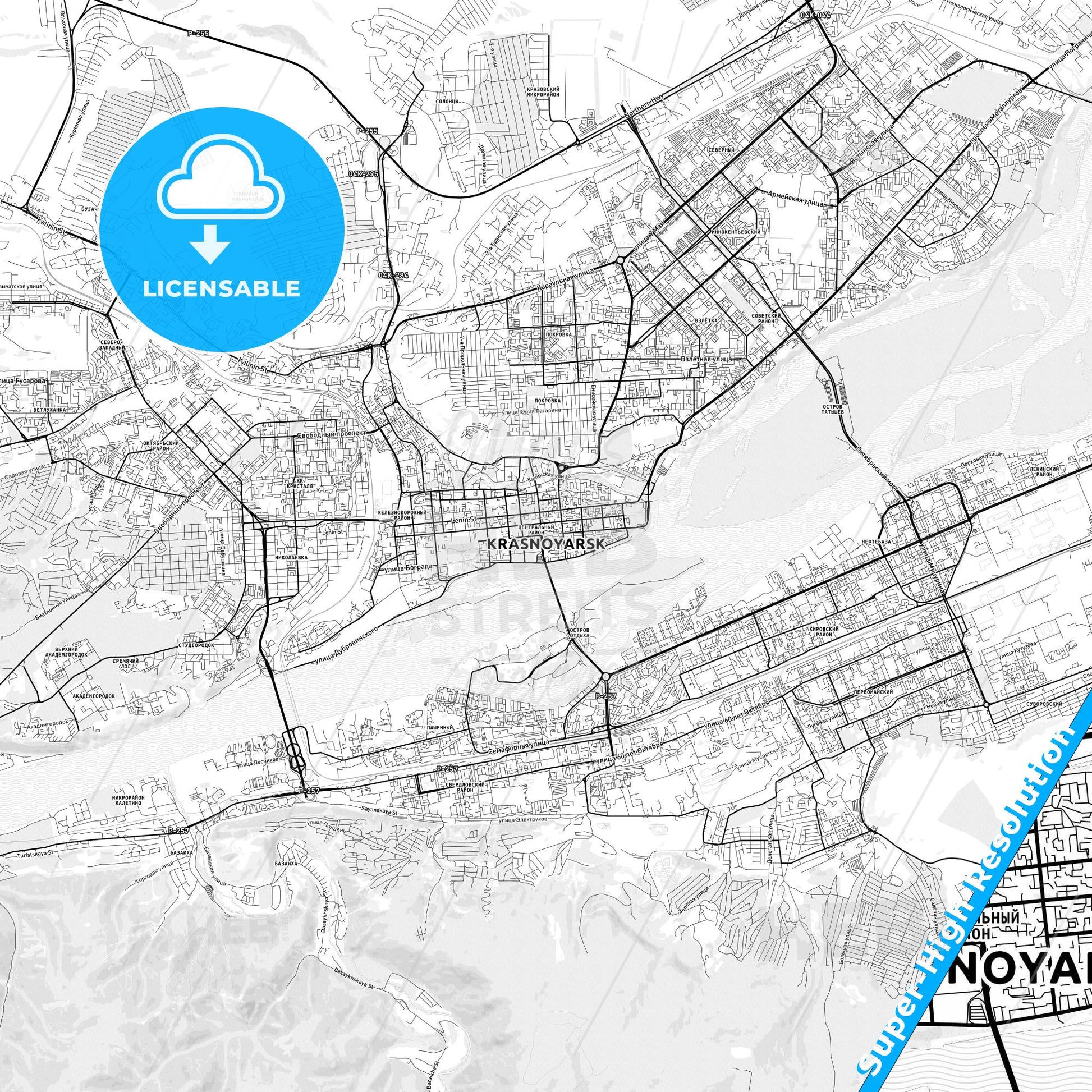 Krasnoyarsk, Russia light map with streetnames, citynames and districts