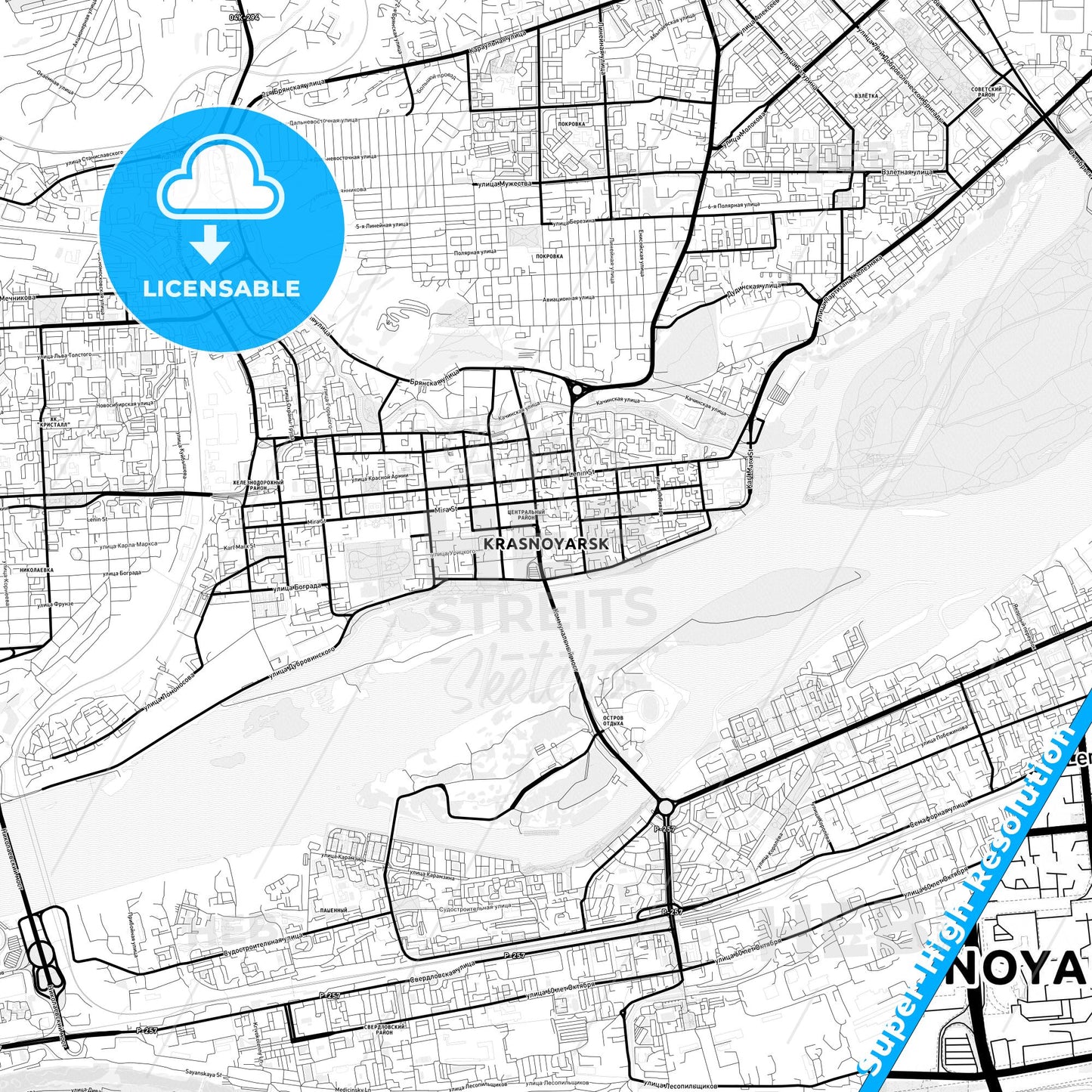 Krasnoyarsk, Russia Light Map with Street Names, City Names, and Districts