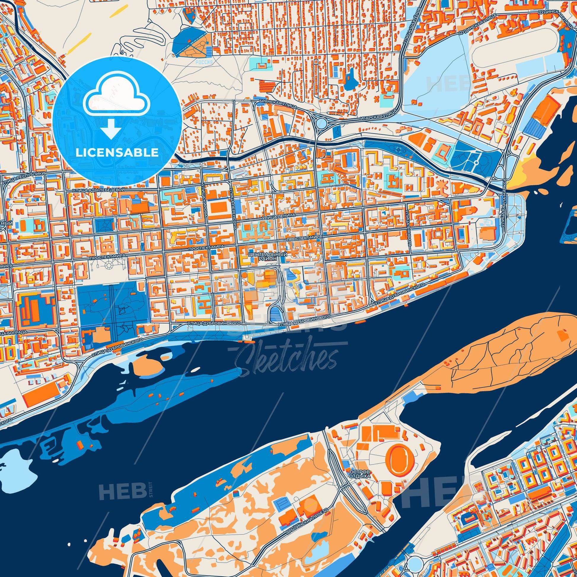 Colorful Krasnoyarsk Street Map with Labels and Buildings