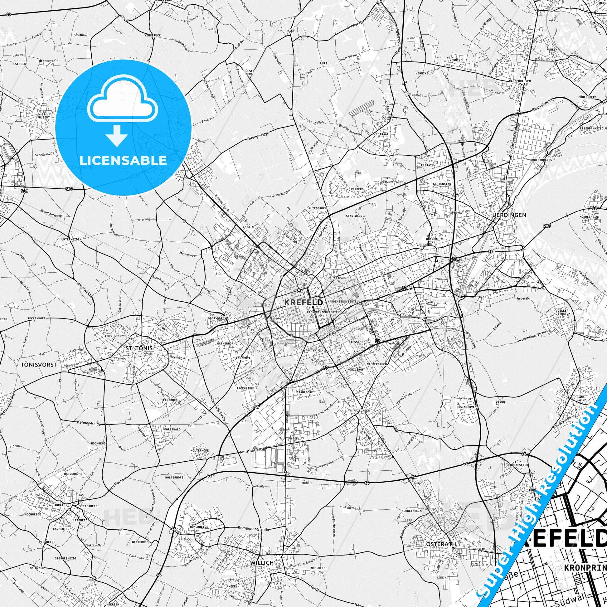 Krefeld, Germany light map with streetnames, citynames and districts