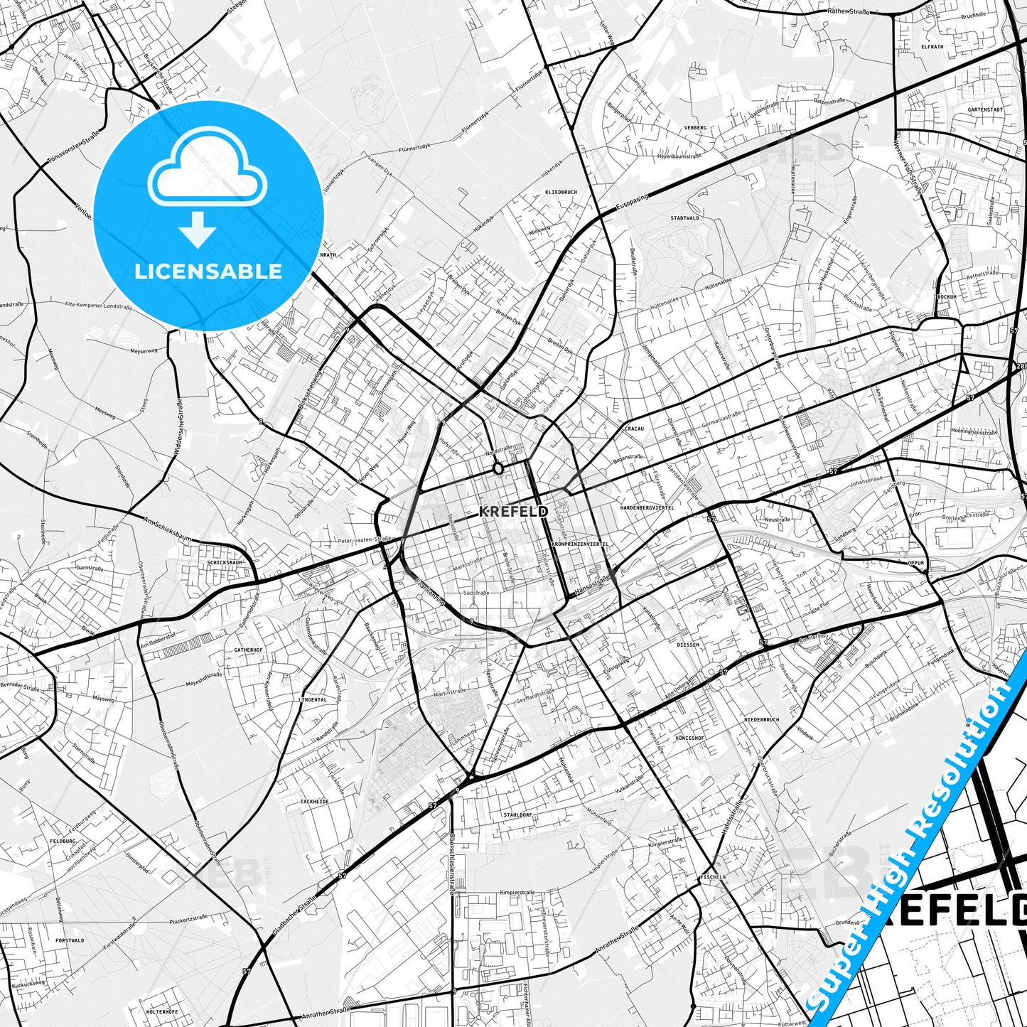 Krefeld, Germany Light Map with Street Names, City Names, and Districts